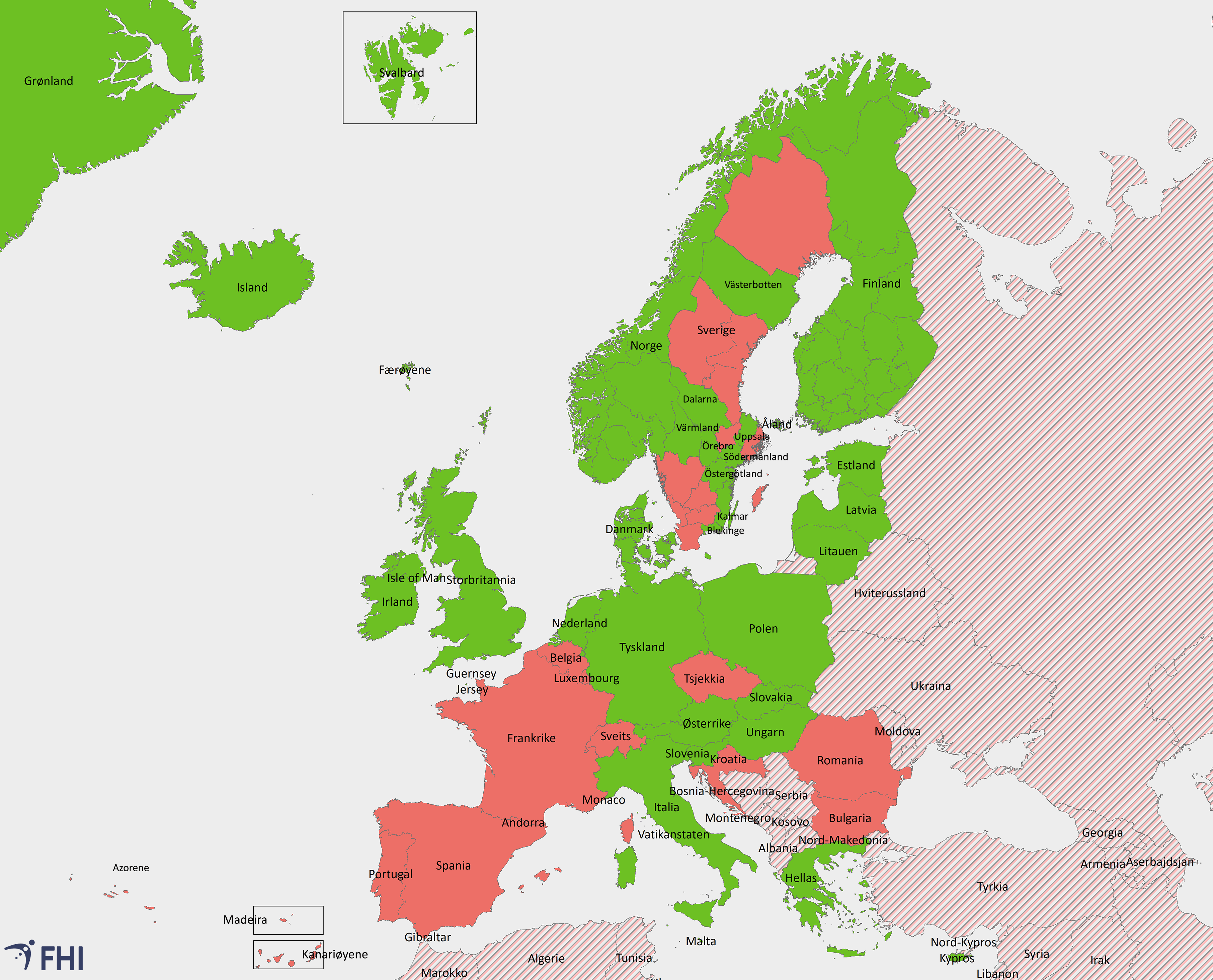 kart over innreisekarantene i norden og europa