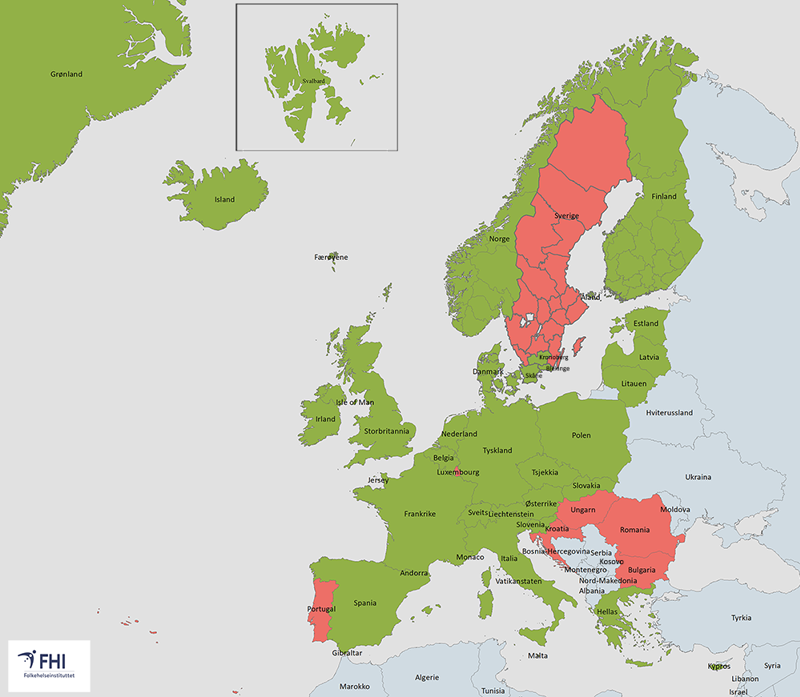 kart som viser karanteneregler  gjeldende fra 15. juli 2020