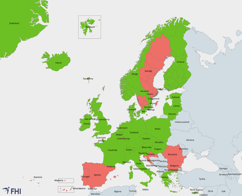 Kart med innreiseregler fra 25. juli 2020
