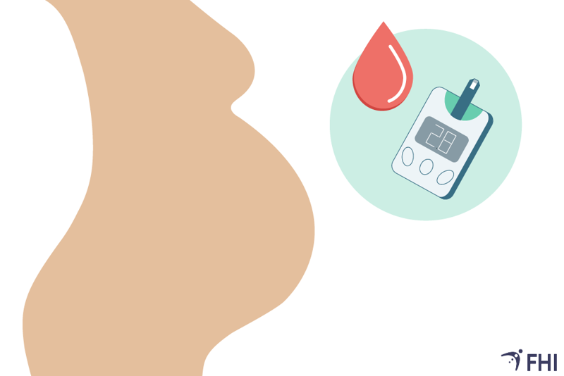 gravid, glukometer for å måle blodsukker og bloddråpe