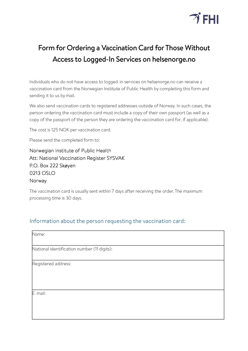 picture of Form for Ordering a Vaccination Card for Those Without Access to Logged-In Services on helsenorge.no