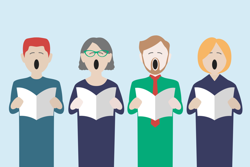 Illustrasjoner av fire personer som synger i kor