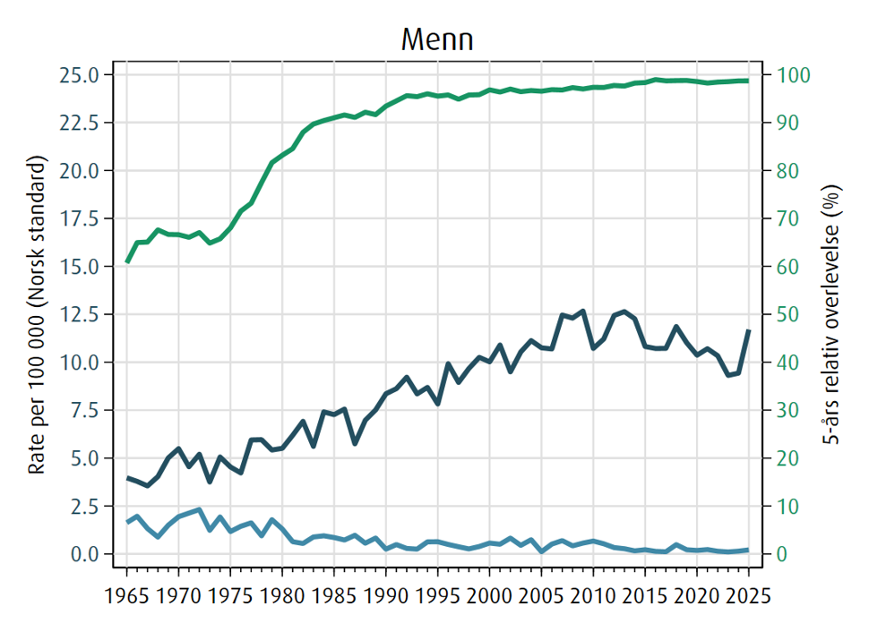 Trender i forekomst, dødelighet og 5 års relativ overlevelse av testikkelkreft i perioden 1965-2025
