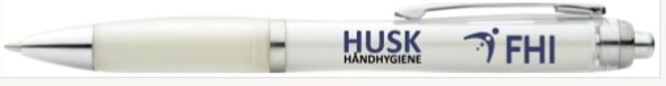 bilde av kulepenn med FHI-logo og teksten "HUSK HÅNDHYGIENE"