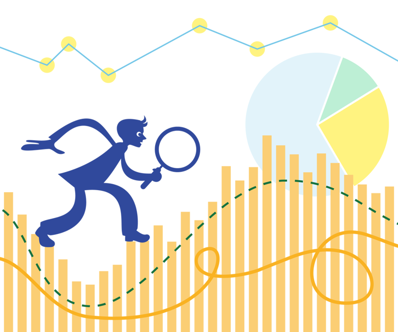En mann som går med forstørrelsesglass oppe på noen grafer