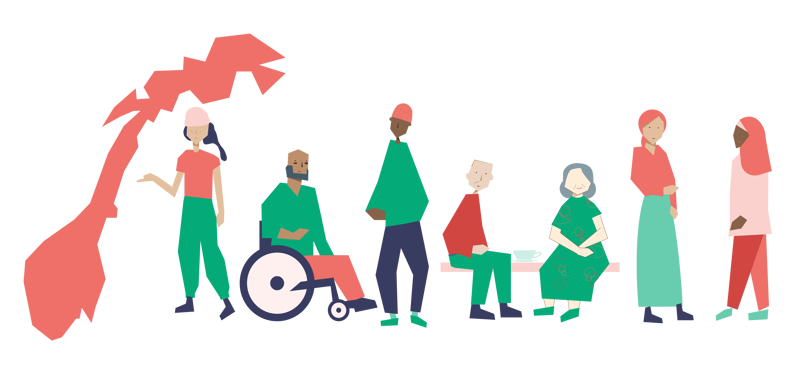 Illustrasjon med ulike mennesker som representerer befolkningen