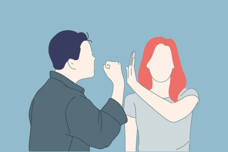 Mann som holder ut en hånd mot kvinne. Vold