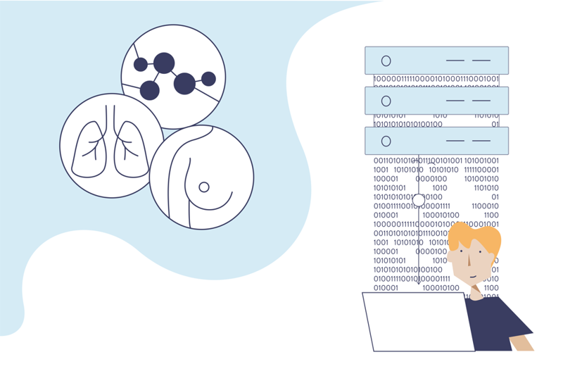 mann som noterer på pc, tre ikoner - bryst - lunger og statistikk