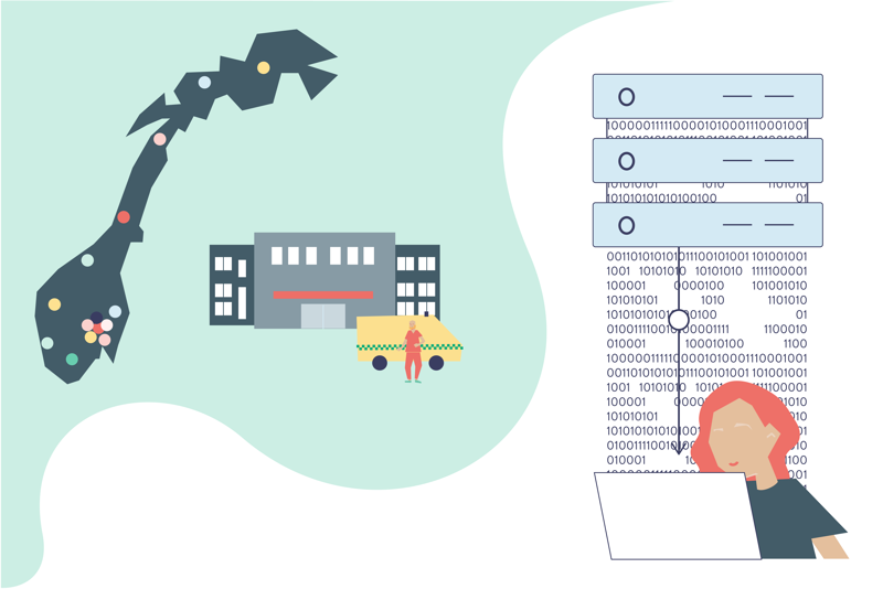 norgeskart, et sykehus med en ambulanse foran. Til høyre sitter en mann bak en pc og registrer data.