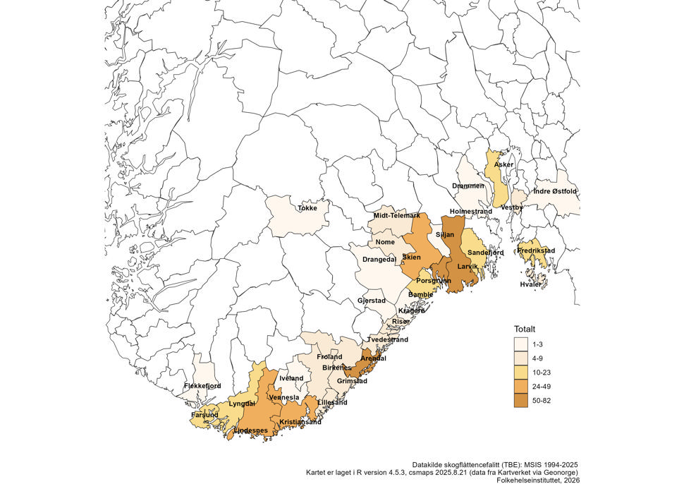 Kart over Norge som viser antall registrerte tilfeller av TBE etter smittestedkommune i perioden 1994–2025. 