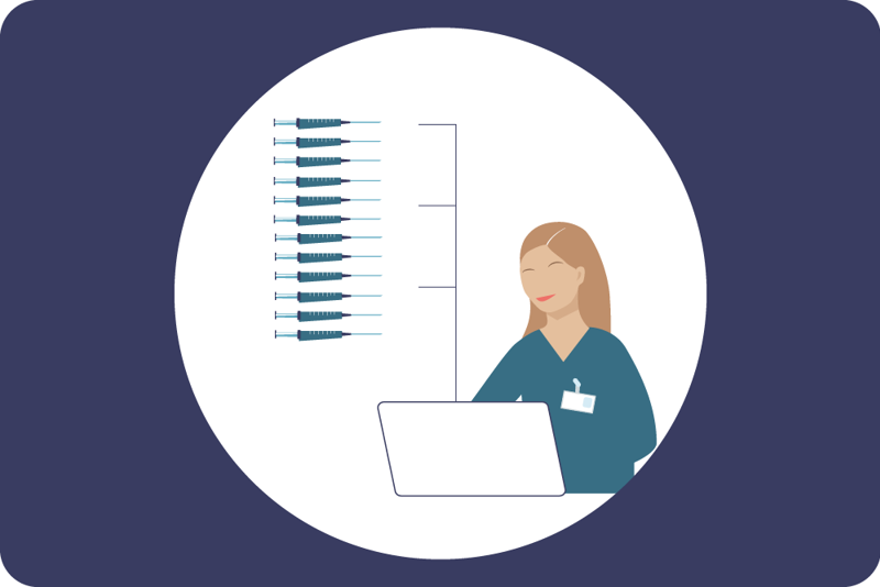 illustrasjon med dame bak en skjerm som registrerer vaksinasjoner