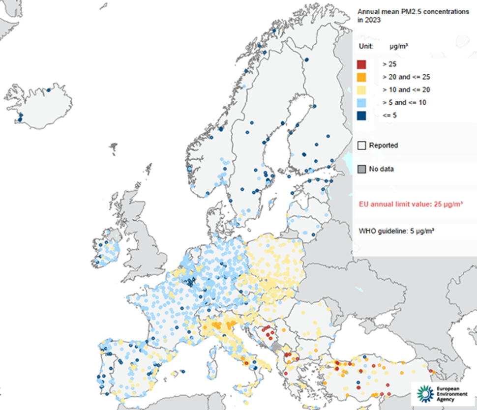 Figur 10. Konsentrasjon av årsmiddel for finkornet svevestøv (PM2,5), i europeiske land i 2023.