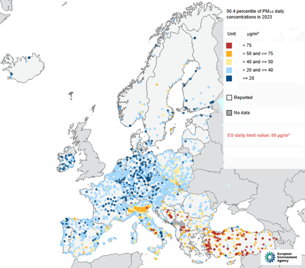 Figur 11. Konsentrasjon av døgnmiddel for fint- og grovkornet svevestøv (PM10), i europeiske land i 2023.