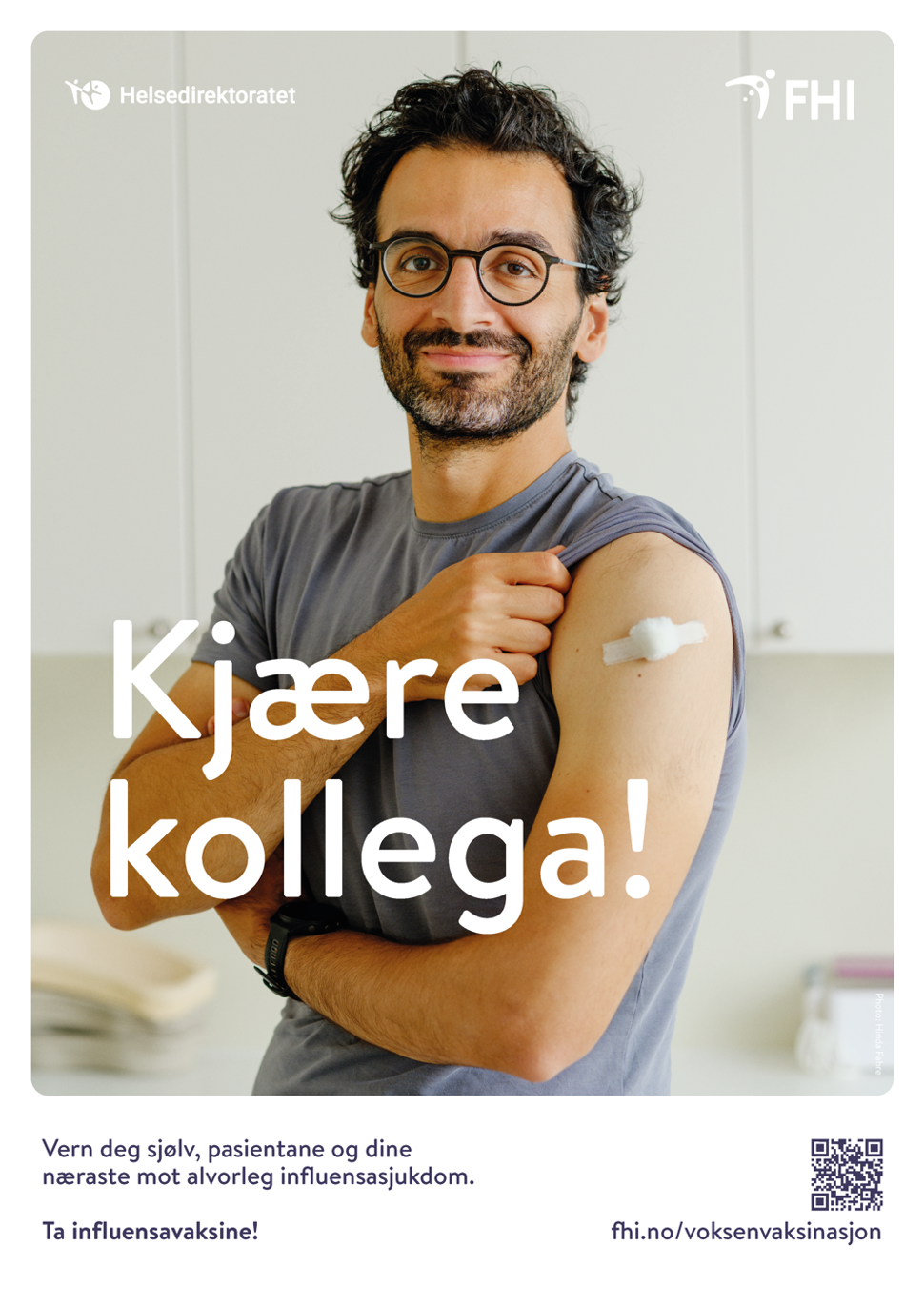 bilde av plakat av Kaveh Rashidi som oppfordrer helsepersonell til å ta årets influensavaksine