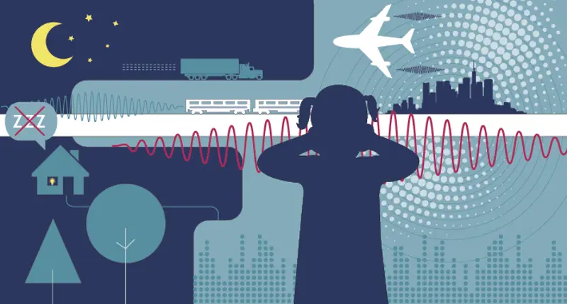 Illustrasjon av jente som holder seg for ørene i et støyfullt miljø