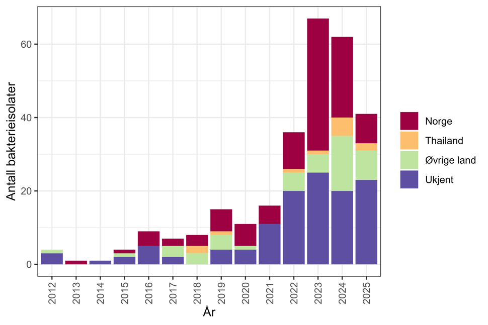 Figur 29. Antall bakterieisolater med linezolidresistente enterokokker meldt til MSIS i perioden 2012-01.09.2025, fordelt på antatt smittested*. Kilde: MSIS, FHI.