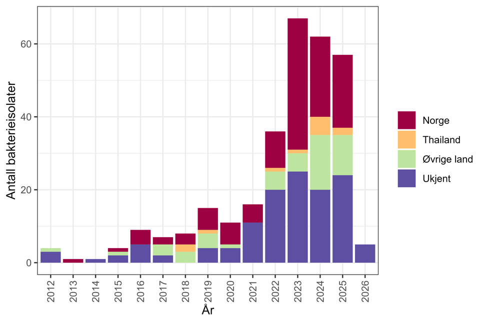 Figur 29. Antall bakterieisolater med linezolidresistente enterokokker (LRE) meldt til MSIS i perioden 2012-01.02.2026, fordelt på antatt smittested*. Kilde: MSIS, FHI.