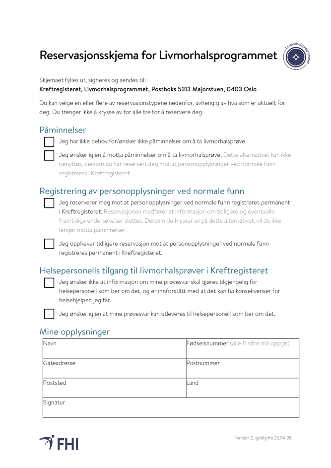 Skjermdump av reservasjonsskjema for livmorhalsprogrammet