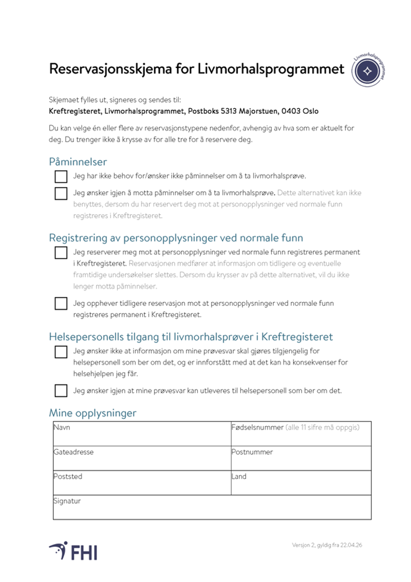 Skjermdump av reservasjonsskjema for livmorhalsprogrammet