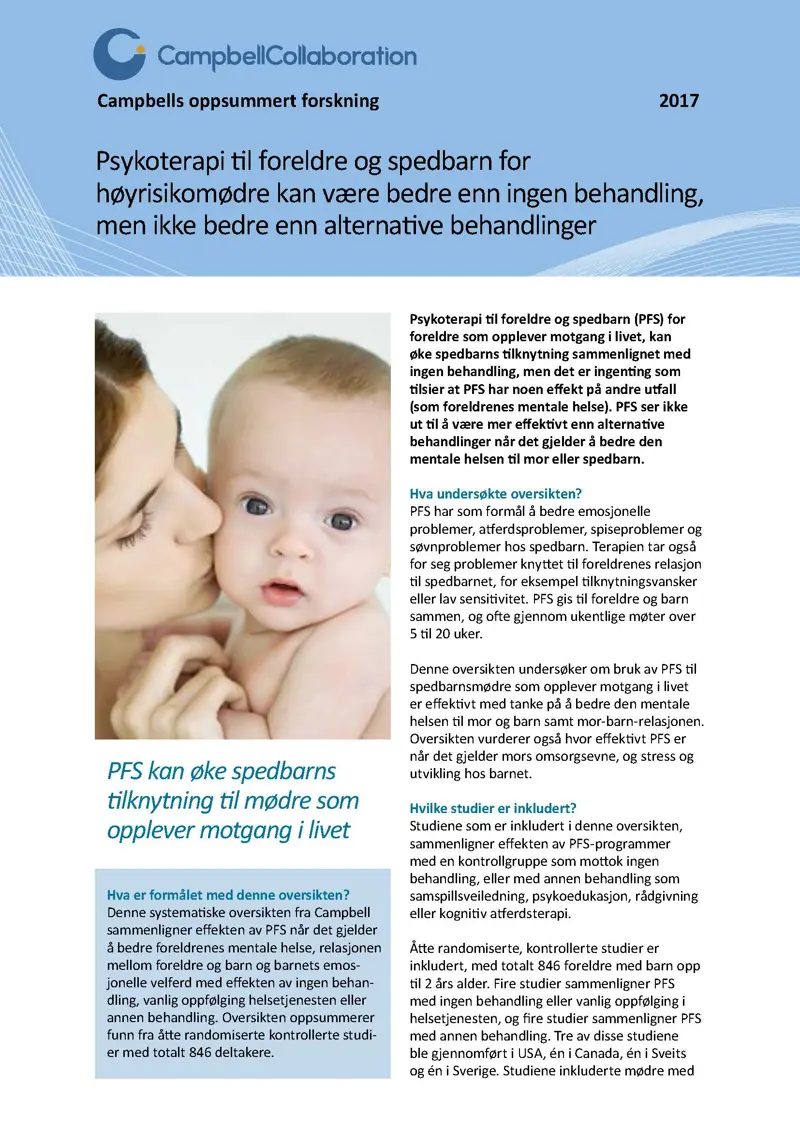 Forsisde Psykoterapi til foreldre og spedbarn for høyrisikomødre kan være bedre enn ingen behandling, men ikke bedre enn alternative behandlinger.jpg
