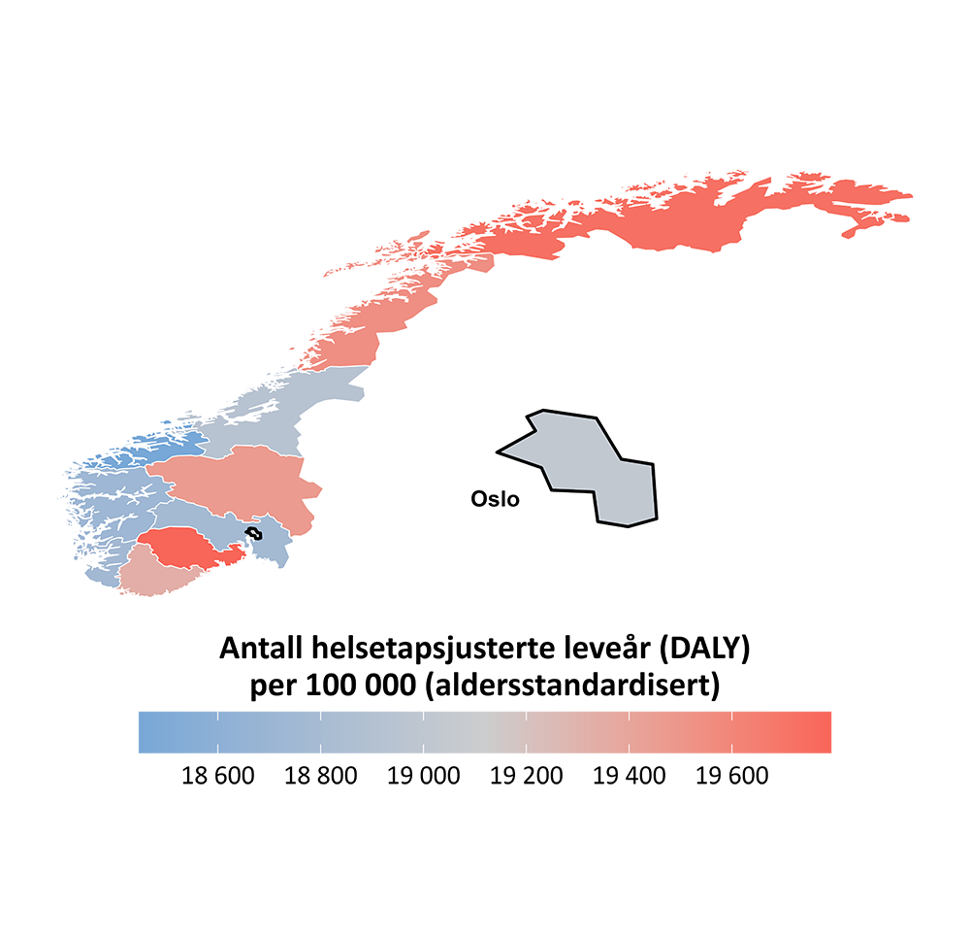 Kart som viser fylkesvis fordeling av DALY. Bilde