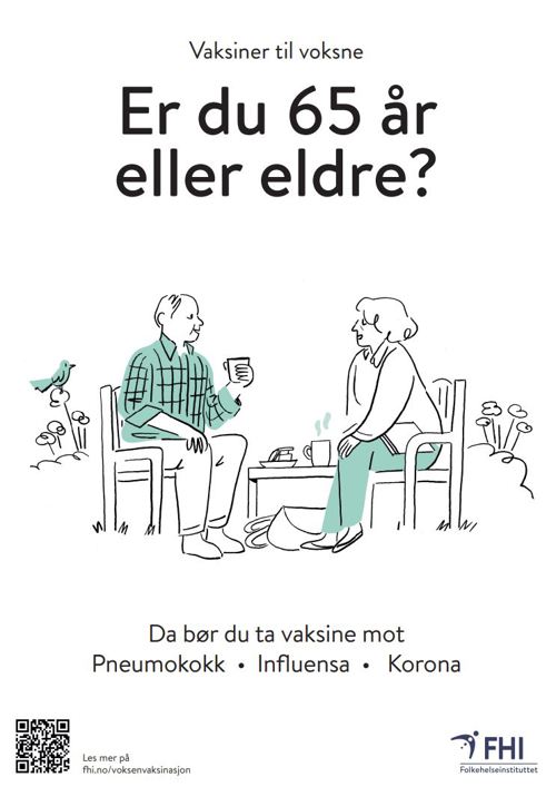 bilde av plakat med budskap om å ta vaksiner, tegning av voksen par som snakker på en benk