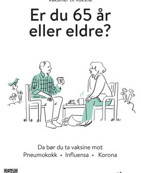bilde av plakat med budskap om å ta vaksiner, tegning av voksen par som snakker på en benk