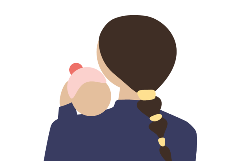 Mor med en baby over skulderen. Illustrasjon.