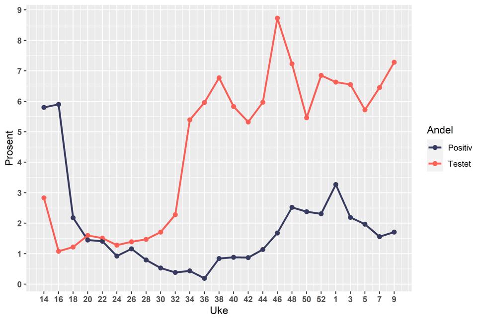 Andel (prosent) testet for koronavirus siste 14 dager i perioden 27.mars 2020 til 15.februar 2021 (rød linje), og andelen (prosent) blant disse som testet positivt (blå linje). 