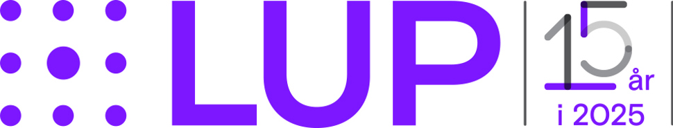 Logo for Leverandørutviklingsprogrammet (LUP), med lilla bokstaver og tekstdesign som lyder "15 år i 2025"