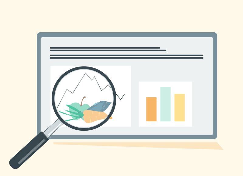 illustrasjon av pc-skjerm med grafer, søyler pluss en samling av frukt, fisk og grønt som ses på gjennom et forstørrelsesglass