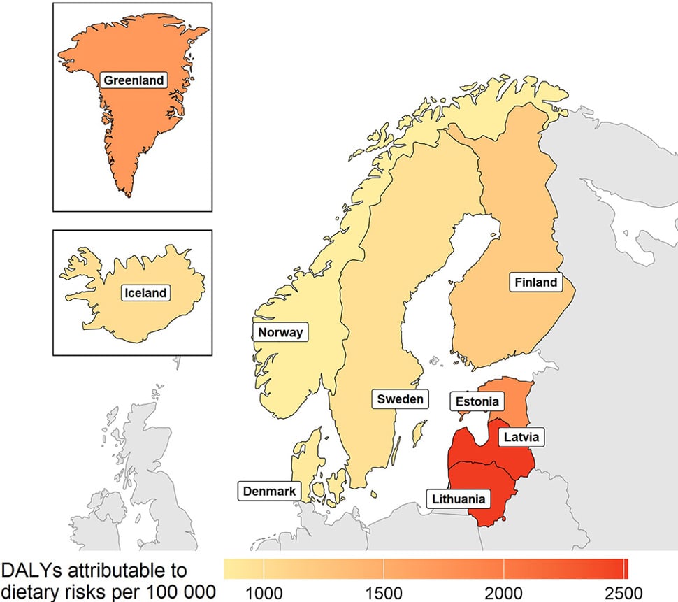 Kart over de nordiske og baltiske landene markert for såkalte DALYs. Bilde