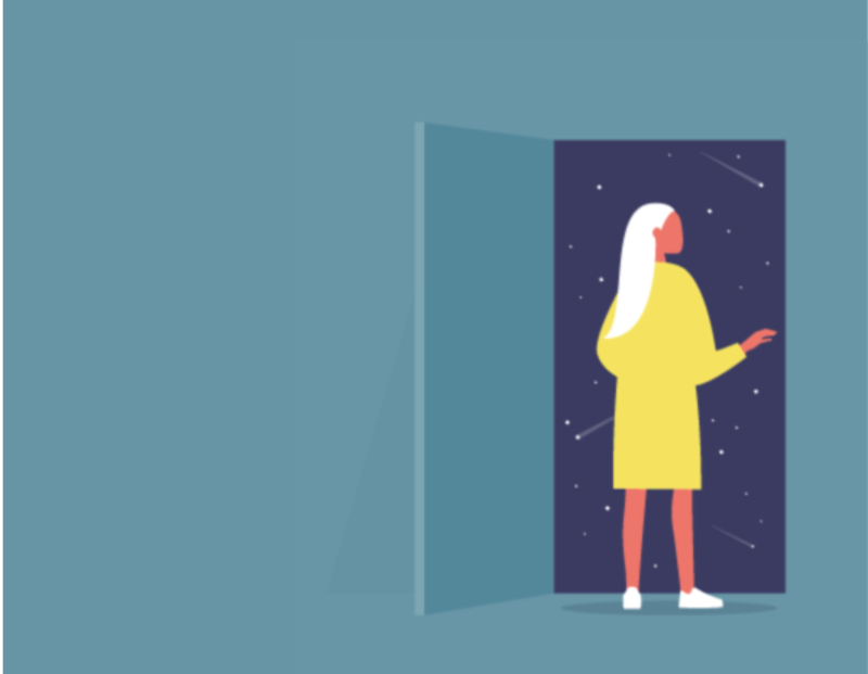 Illustrasjon av jente som står i døren og titter ut