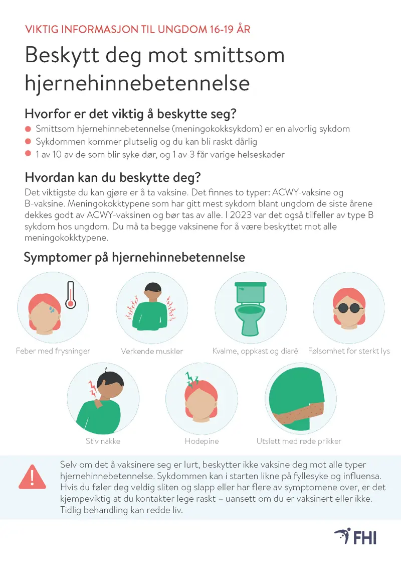 Skjermdump av plakat for vaksine mot smittsom hjernehinnebetennelse - rettet spesielt mot ungdom 16-19 år