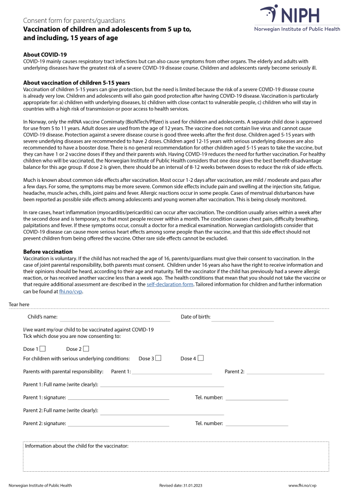 Consent form vaccination of children and adolescents from 5 up to
