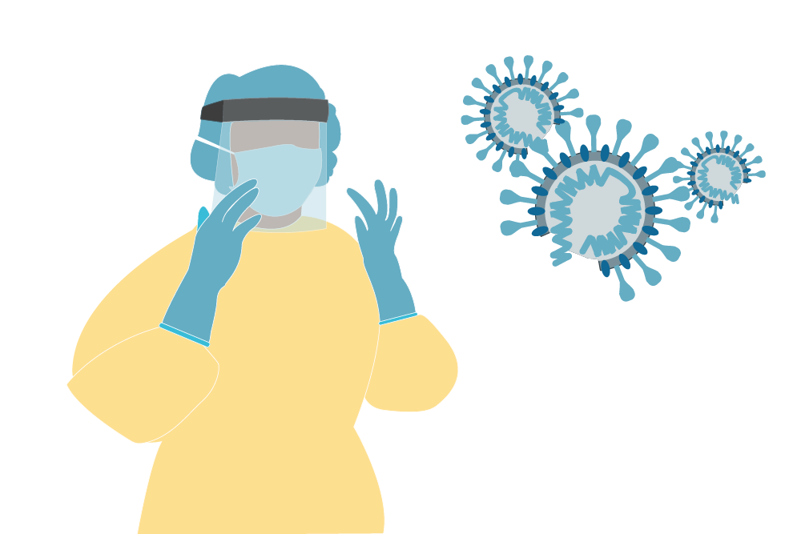 helsepersonell i fullt smittevernutstyr og tre virus