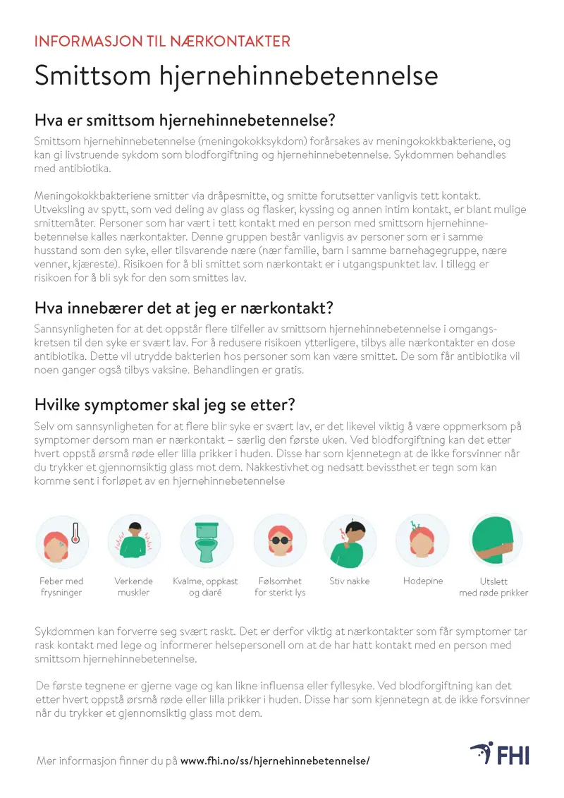 skjermdump av informasjonsark til nærkontakter av tilfeller med smittsom hjernehinnebetennelse