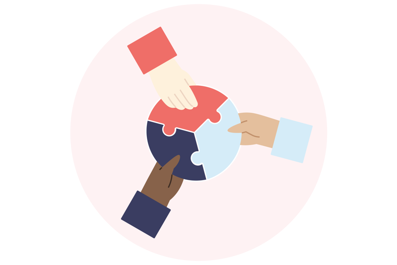 tre hender som alle holder en puslebrikke hver som settes sammen