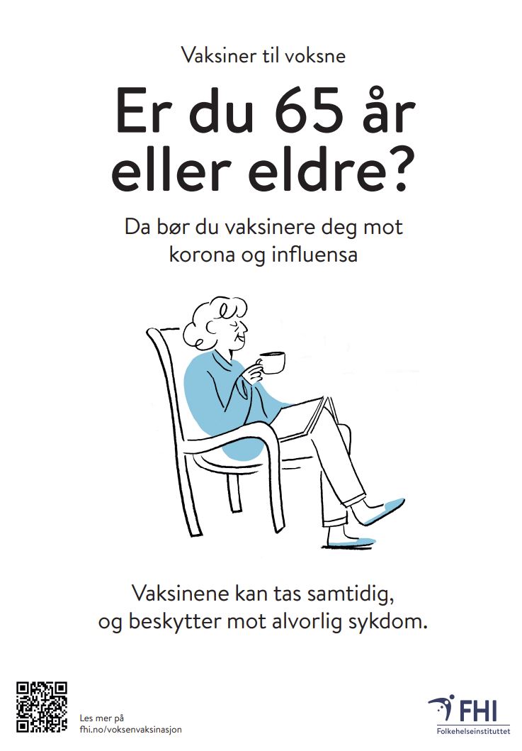 thumbnail av plakat, budskap om vaksinering til de over 65, bilde av dame