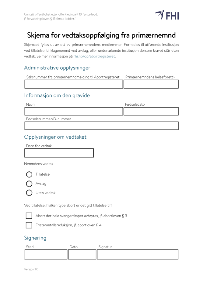 skjermdump av skjema for vedtaksoppfølging fra primærnemnd