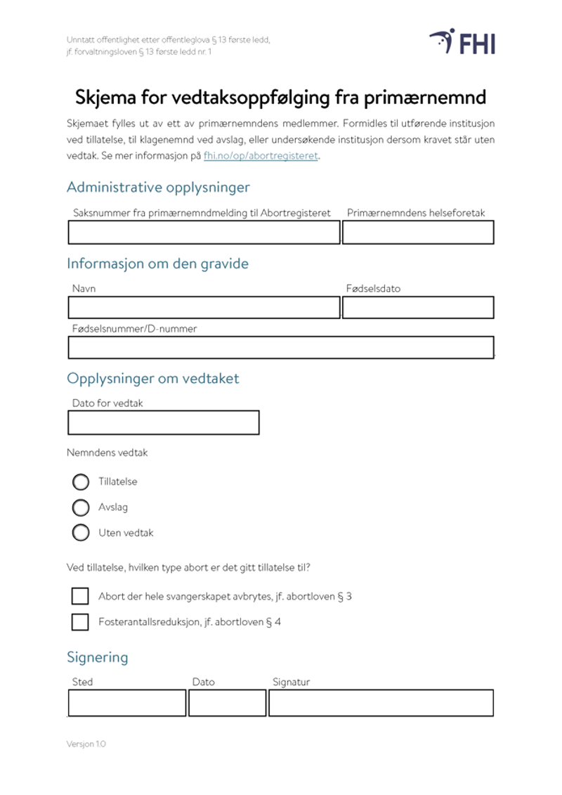 skjermdump av skjema for vedtaksoppfølging fra primærnemnd