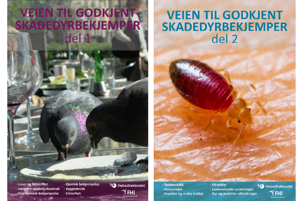 Bilde av forsidene til pensumbøkene "Veien til godkjent skadedyrbekjemper", del 1 og 2. Del 1 har bilde av to duer på et restaurantbord, del 2 har nærbilde av veggedyr på hud