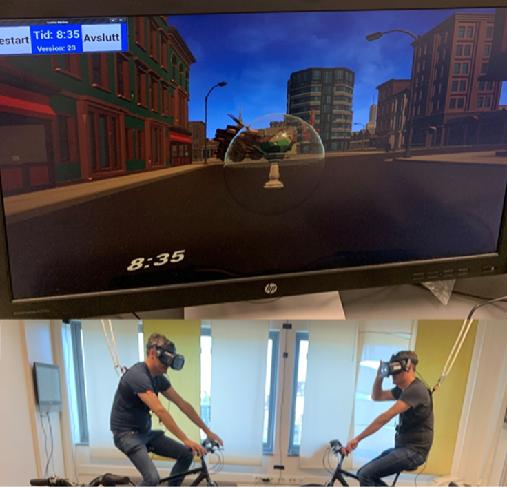 Noen av tvillingparene sykler i en virtuell virkelighet (VR) mens de gjør oppgaver som trener navigasjonsevnen og hukommelsen Foto: FHI.