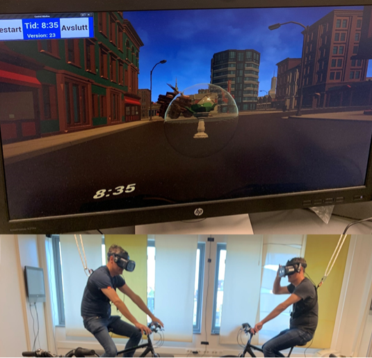 Noen av tvillingparene sykler i en virtuell virkelighet (VR) mens de gjør oppgaver som trener navigasjonsevnen og hukommelsen. Foto: FHI.