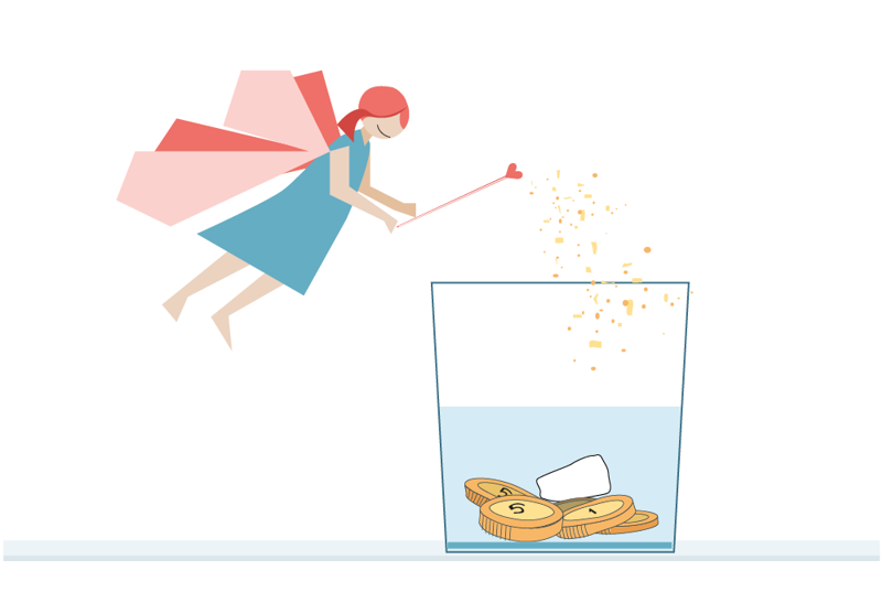 En tannfe som flyr over et glass med en tann i (illustrasjon)