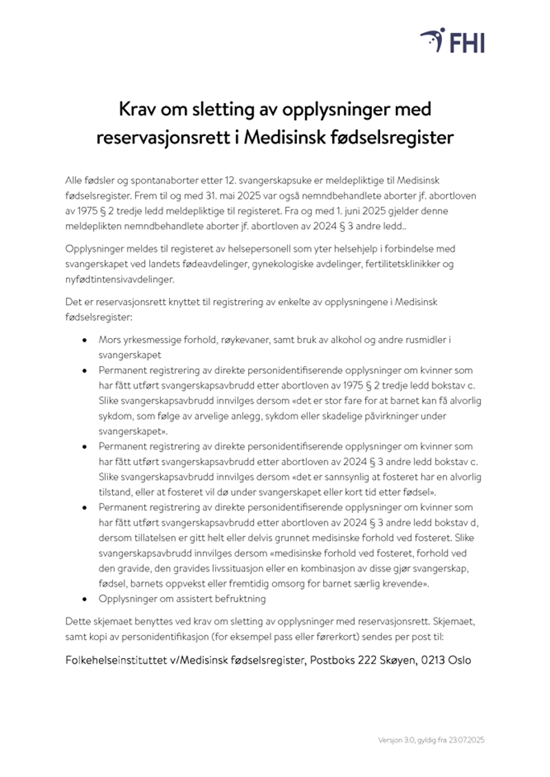 forsideskjermdump for å vise hvordan skjemaet om sletting av personopplysninger i MFR ser ut