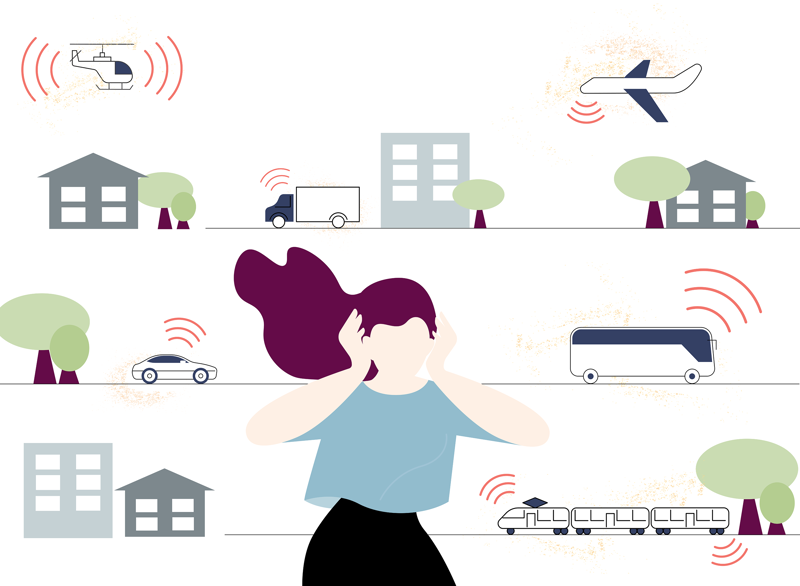 bilde av person som er frustrert over mye støy fra helikopter, fly, lastebil, buss, bil og tog