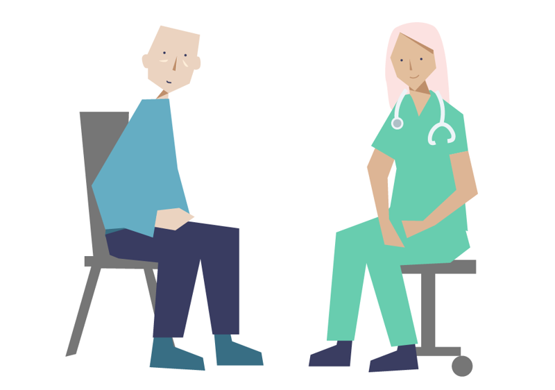 Eldre mann og lege snakker sammen (illustrasjon)