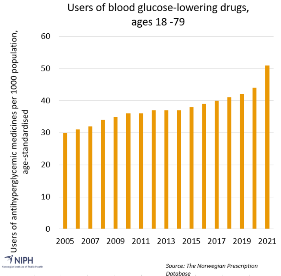 Figure 3: Users of blood glucose-lowering drugs in Norway, 2005-2019, aged 18-79 years, per 1000 population, age-standardised. Data on individuals living at home. Source: Norwegian Prescription Database, Norwegian Institute of Public Health. See table below 