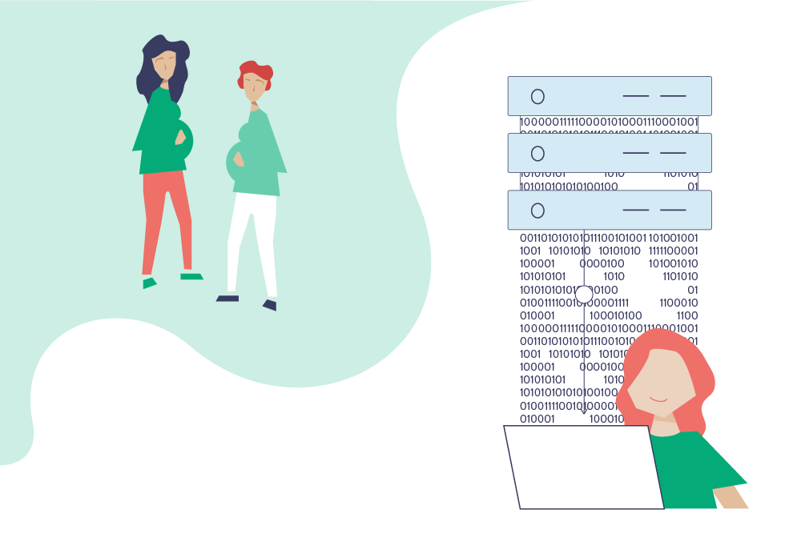 illustrasjon av to gravide damer og en person som registrerer data på en pc